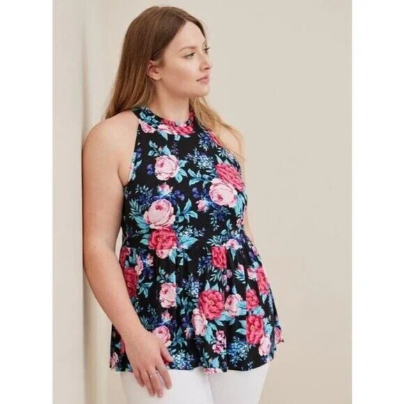 Torrid Black Floral Babydoll Super Soft Slub Halter Neck Tank in Size 3 (22/24) - Picture 1 of 13